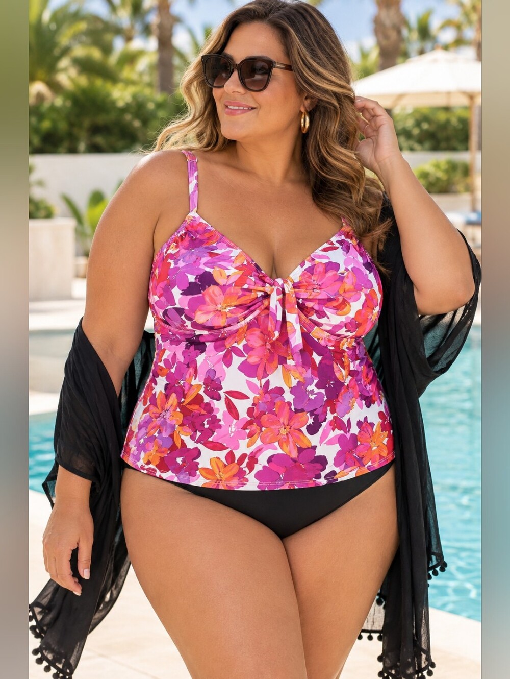 Swimsuits for All Bright Floral tie front tankini 24D/DD